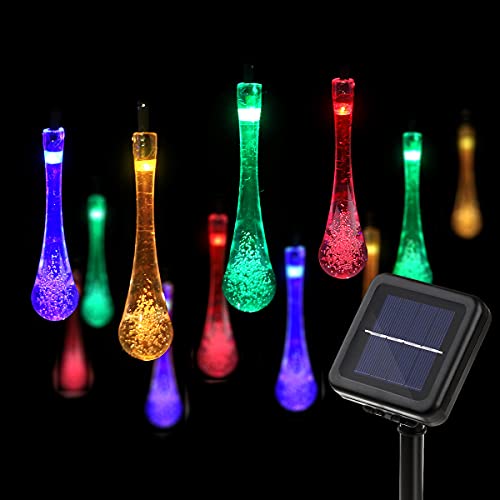 Solar String Lights, 21.3feet 30 LED Water Drop Fairy Lights with 8 Modes, Outdoor Waterproof Solar Powered Lights for Patio, Garden, Lawn, Path, Party and Home Decorations, Multi Color