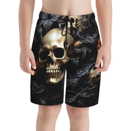 Boys Swim Trunks Beach Board Shorts Summer Bathing Suits Teen Kids, Cool Death Skull Art Black3