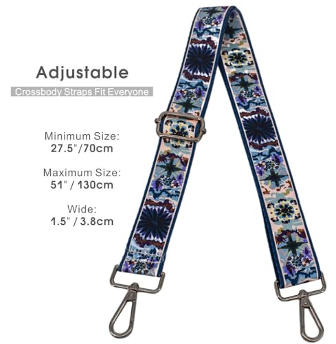 Image of Replacement Purse Strap Shoulder Strap Adjustable Crossbody Strap for Women Crossbody Wide Shoulder Bag, Blue Flowers-black Hardware, 26 inch~51 inch