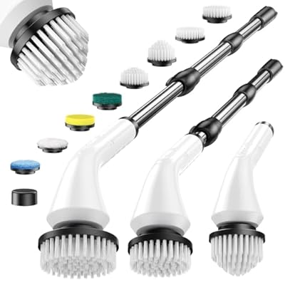 Electric Spin Scrubber, Cordless Power Electric Cleaning Brush Waterproof with Adjustable Extension Handle for Bathroom Kitchen Floor Grout Tile (White)