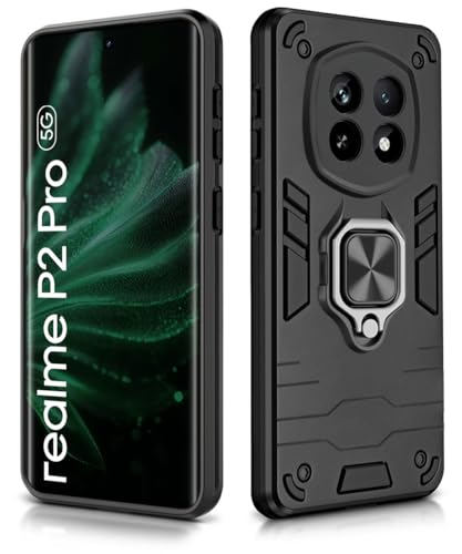 Image of WOW IMAGINE Shock Proof Back Case Mobile Cover for Realme P2 Pro 5G | Back Cover Case (Tough Armor | Hybrid PC + TPU | Ring Holder & in-Built Kickstand | Black)