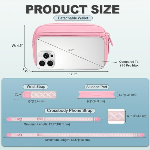 Image of YFWE Clip and Go Strap for Phone with Wallet Crossbody, Adjustable Phone Lanyard with Detachable RFID Wristlet Wallet, Pattern Strap - Pink(L)