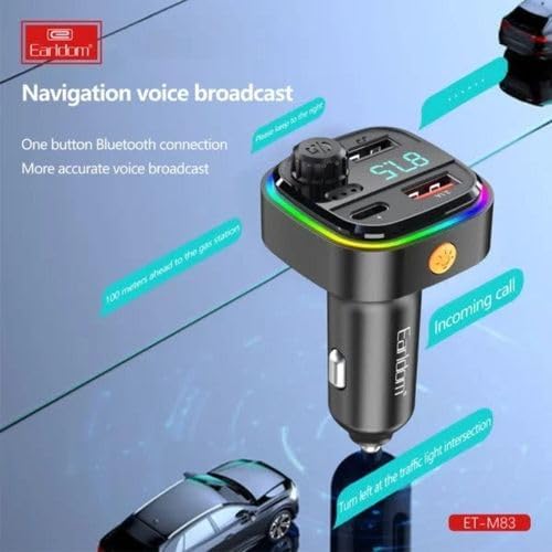 Earldom ET-M83 Bluetooth FM Transmitter in a car, displaying navigation voice broadcast feature.