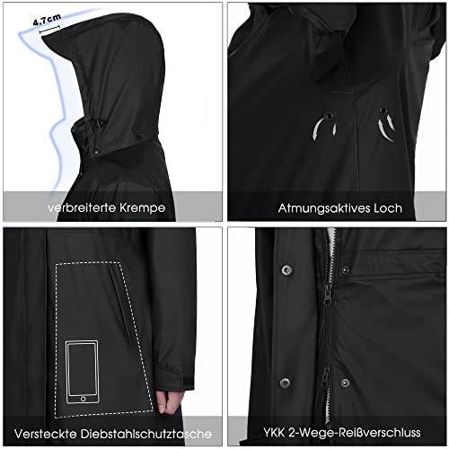 Regenmantel Damen lang Regenparka Damen wasserdicht atmungsaktiv gefütterte Regenjacke Trenchcoat Übergangsmantel Parka Outdoor, Schwarz, 38/M
