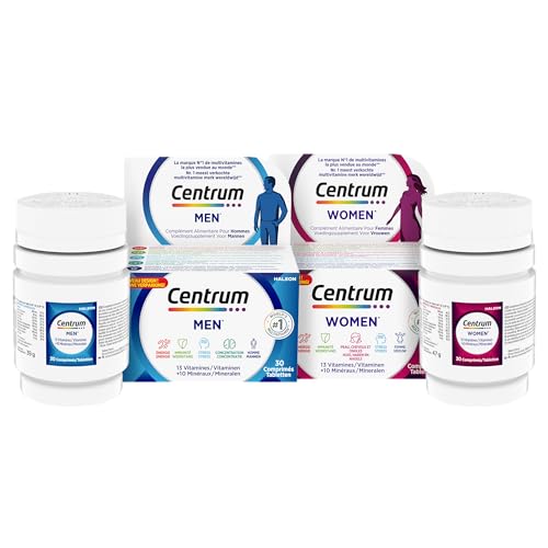 CENTRUM Women & Men - Multivitamines et Minéraux pour Femme et Homme - Vitamine D, C, B12, Fer, Zinc & Magnésium - Compléments Alimentaires Énergie, Immunité - Lot de 2 x 30 Comprimés