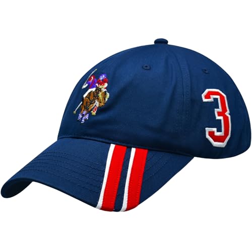 U.S. Polo Assn. Dad Hat, Embroidered Horse Logo Adjustable Adult Baseball Cap with Diagonal Accent Stripes, Navy, One Size