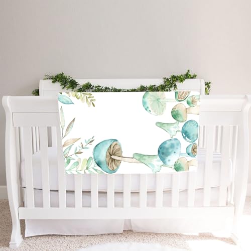Image of Mushroom Theme Baby Monthly Milestone Blanket, Soft Flannel Watercolor Spring Tropical Eucalyptus Leaves Botanical Photography Prop Newborn Baby Shower Age Growth Tracker (Green, 60x40in)
