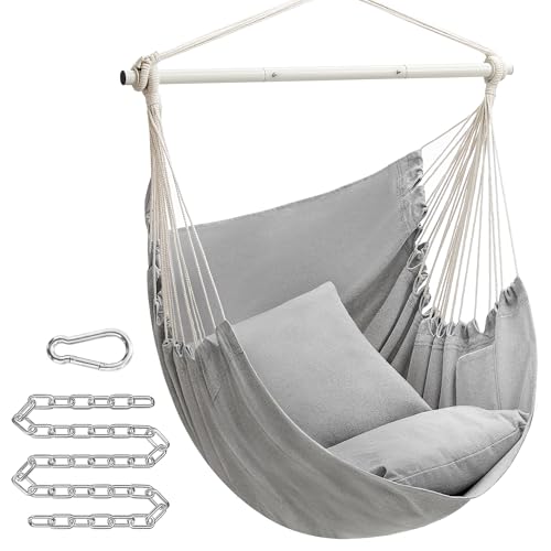 Image of SONGMICS Hammock Chair, Load Capacity 500 lb, Hanging Chair with 2 Cushions, Large Hammock Swing with Chain and Pocket, for Indoor, Outdoor, Living Room, Bedroom, Dove Gray UGDC197G01