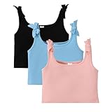 ROMPERINBOX Girls Tank Tops 10 Years Old 3 Pack Tween Girl Knot Shoulder Textured Crop Tank Top(Black/Pink/Blue,10Y)