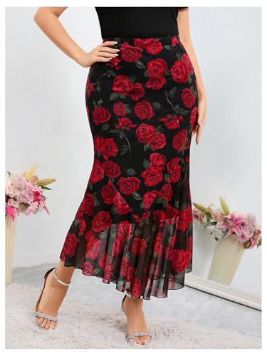 WDIRARA Women's Plus Size Floral Ruffle Hem Bodycon Midi Skirt Elastic Waist Fishtail Skirts2