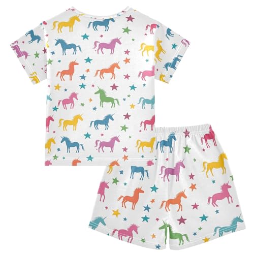ALAZA Colorful Unicorn Star White Pajamas Set Short Sleeve Cotton Sleepwear Summer Pjs 2 Piece 5-14Y2