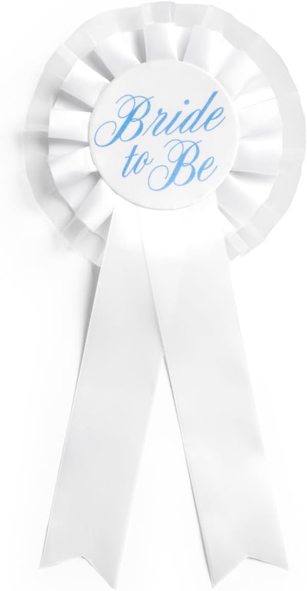 xo, Fetti Bride Prize Ribbon Pin - White Blue Bridal Rosette, Bride To Be Accessory Gift, Bachelorette Party Photo Prop