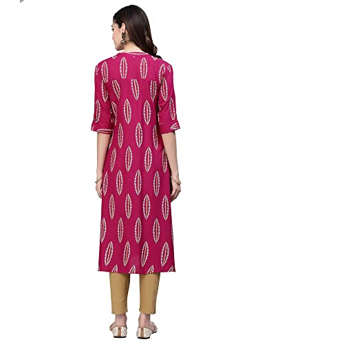 Image of Stylum Women's Turquoise Block Printed Rayon A-Line Kurta | Office Kurtas for Women (Available in Plus Sizes)