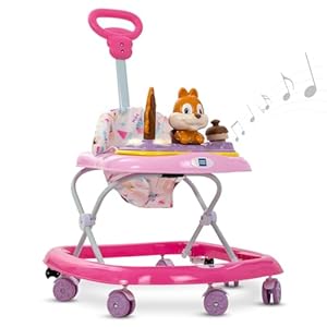 Mee Mee Rabbit Baby Walker for 6-24 Months Toddlers | 3 Level Height Adjustment with Integrated Lights,Detachable Food & Musical Toy Tray | Baby Activity Walker| Upto 15 Kgs | Pink Colour