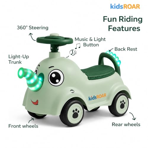 Image of kidsROAR Push Ride On Car for Kids 1-5 Years | Baby Push Car with Music, 3D Lights & Backrest | Premium Ride On Toy Supports Up to 35kg (Big Elephant, Green)