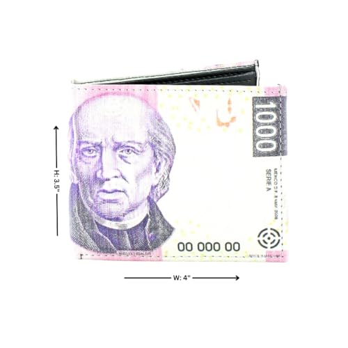 Li Slim Bifold Wallet - Top flap 2 ID Window Vegan Leather Wallet for Men with 7 Credit Cards, 2 Inner Slots & 2 Cash Compartments -1000 Peso Mexico Print Men Wallet with White Stitching & Gift Box2