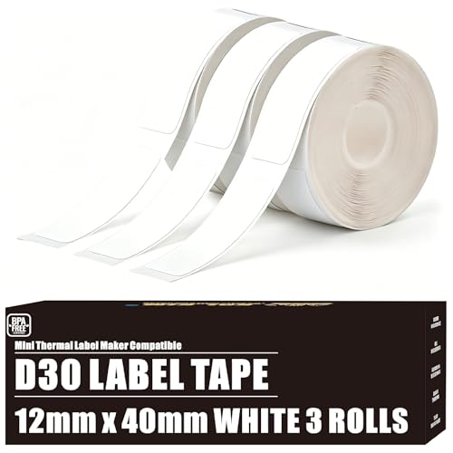 Image of D30 Label Tape, 540 Labels 12x40mm White Thermal Label Paper for Phomemo D30 Labels Tape Printer Maker Tapes Refill Replacement for Print Master Refill 12mm x 40mm (0.47 x 1.57 Inch) 3 Rolls White