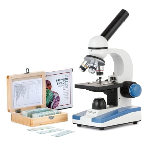 AmScope M150 Series Portable Student Monocular Compound Microscope - 40X-1000X Magnification - Features LED Light & 25 Prepared Slides - Has Coarse & Fine Focus