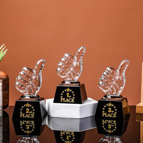 LONGWIN 1st 2nd 3rd Place Trophy Set Glass with Thumbs Up for Winner, First Place Trophy Award for Sports Tournaments Talent Show Competitions