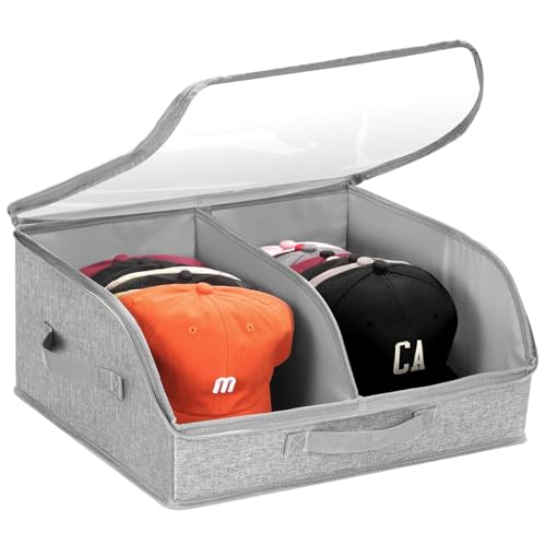 PANGTON Hat Organizer for Baseball Caps, 2 Compartments Clear Window Hat Storage Box for Closet Hold Up to 24 Caps, Hats Holder Container with Sturdy Cardboard for Home Storage | Gray