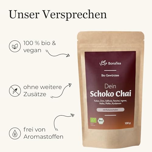 BIO Schoko-Chai Gewürztee ohne Zucker mit Kakaoschalen, Zimt, Süßholz und weiteren aromatischen Chai-Gewürzen, 100g
