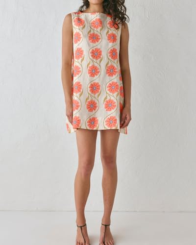 CHARTOU Women 2025 Summer Sleeveless Floral Short Shift Dress Cotton Linen Loose Tank Dress4