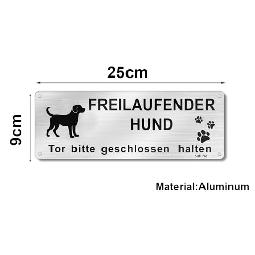 Vorsicht Freilaufender Hund, 1 Stück Achtung Hund Schild, Schild Warnung vor Dem Hund, Warnschild Hund Aluminium mit Selbstklebend und Vorgebohrten Löchern, 25x 9cm, Innen/Außen