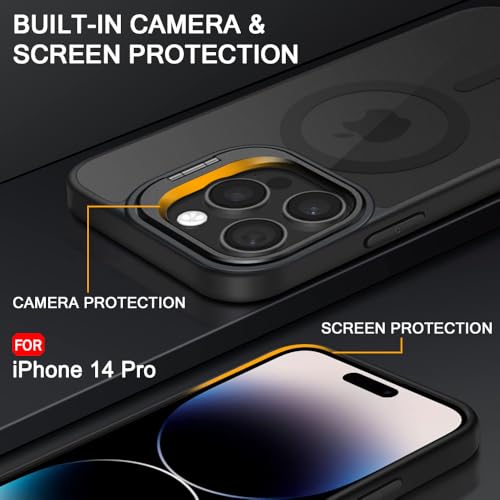 Image of TheGiftKart Hybrid Matte Frosted Back Cover Case for iPhone 14 PRO Compatible with MagSafe | Built-in Stand | Shockproof Hard Back Case Cover for iPhone 14 PRO (PC & TPU, Translucent Black)