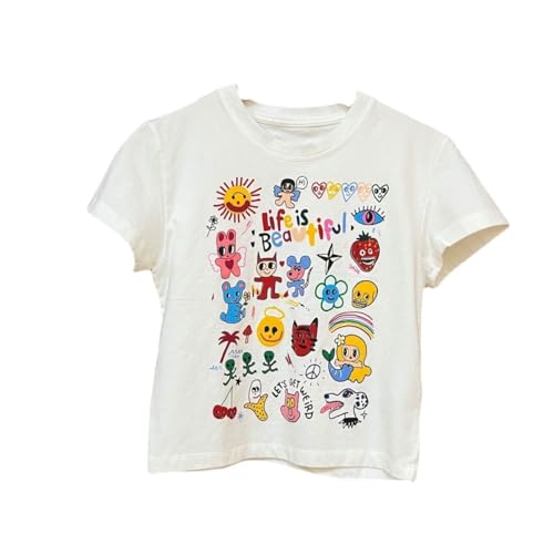 Women Kawaii White Cartoon T-Shirt Y2k Aesthetic Summer Crop Top