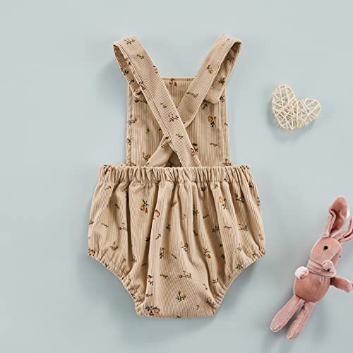 Lopjgh Newborn Infant Baby Girl Boy Romper Unisex Solid Color Sleeveless Jumpsuit Backless Overalls Summer Outfits(3-6 Months, Corduroy Floral-Light Brown) #TOP3