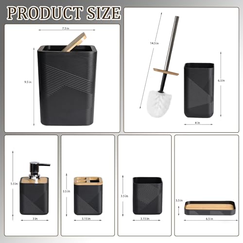 CERBIOR Bathroom Accessories Set 6 Piece Bamboo Bath Ensemble Includes Soap Dispenser, Toothbrush Holder, Toothbrush Cup, Soap Dish for Decorative Countertop and Housewarming Gift (Black)