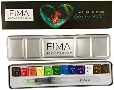 Watercolor pan Set of 12 Colors Paint by EIMA Includes Water Control Nylon tip Medium Point Brush
