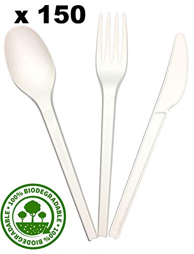 Egero  Juego de 150 Cubiertos Desechables ecológicos compuestos a Base de CPLA de maíz (50 Tenedores, 50 cucharas, 50 Cuchillos) para cumpleaños, reunión, pícnic, Eventos, Barbacoa.