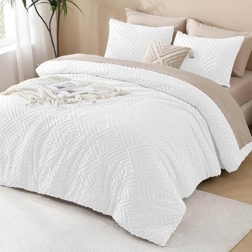 Image of Andency White Comforter Full Size, 3 Pieces Boho Lightweight Fluffy Bedding Comforter Set for Full Bed, Tufted Farmhouse Design Bed Set for All Seasons (1 Comforter 79x90In, 2 Pillowcases)