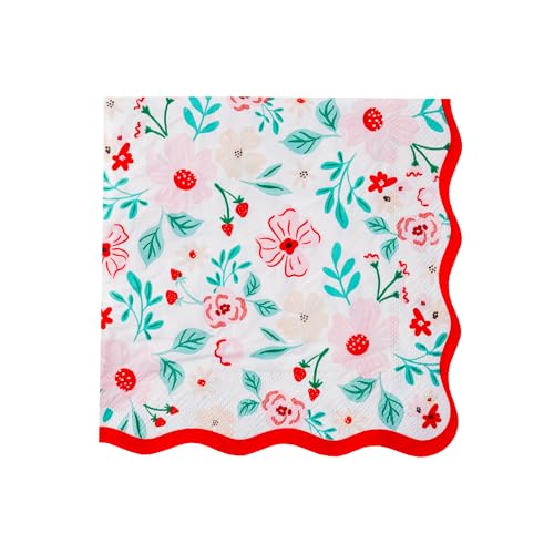 Bonjour Fete Pink and Red Floral Paper Dinner Napkins, Wavy Edge, 20 Pack