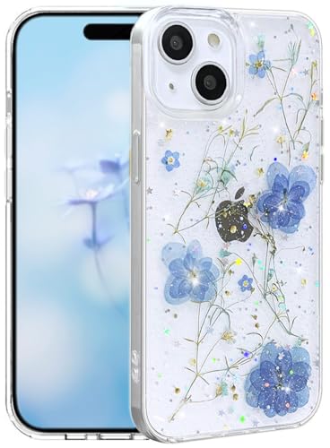 Coque iPhone 14 Plus fleurs séchées bleue : l'idée cadeau esthétique pour femme