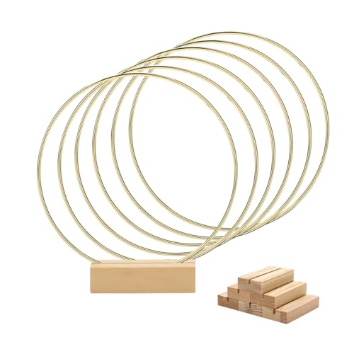 Worown 6 Piezas Aros de Metal 20cm, Anillo Metalicos Oro con 6 Soportes de Madera Natural, Aros para Centro de Mesa pare Bodas, Fiestas, Banquetes, Eventos