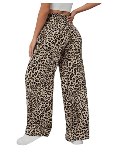 SweatyRocks Women's Leopard Print Animal Wide Leg Pants Elastic Waist Trousers with Pockets2