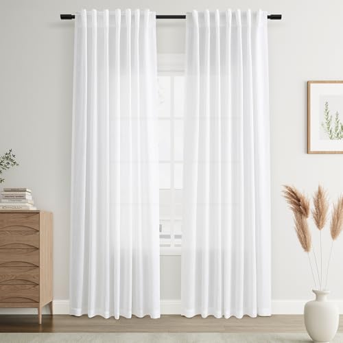 Joywell Linen Curtains 96 Inches Long for Living Room White