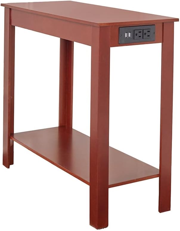 The Lakeside Collection Mesa auxiliar moderna delgada con tomas de corriente y puertos USB, estante para almacenamiento, nogal