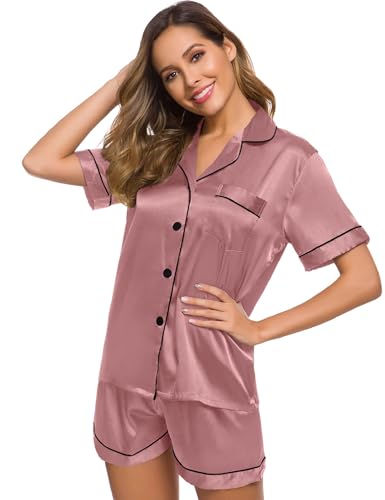 Image of SWOMOG Womens Silk Satin Pajamas Set Short Sleeve Sleepwear Button Down Top and Shorts Loungewear 2 Piece Pjs Set XS-3XL