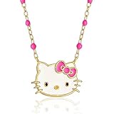 Hello Kitty Sanrio Womens Necklace 18' - Gold-Plated Sterling Silver Necklace with Pink Enamel Official License