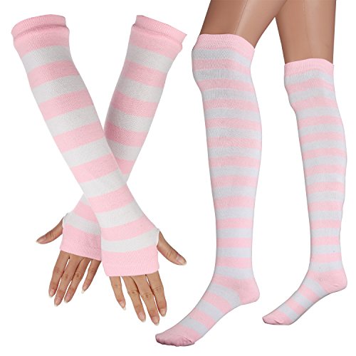 Womens Extra Long Striped Socks(Over Knee High Opaque Stockings) & Long Arm Warmer