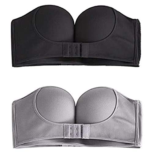 2 Pcs Strapless Front Buckle Bra,Strapless Bra for Women,Strapless Front Push Up Bra,Front Strap Strapless Bra,Strapless Invisible Push Up Bra for Women (Black+gray, 38/85C)