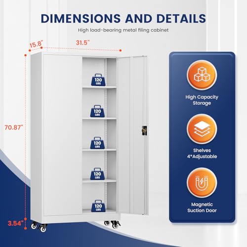 Image of Yizosh Metal Garage Storage Cabinet with Locking Doors and Adjustable Shelves,- 75 inch Rolling Steel Tool Cabinet for Home Office,Garage,Warehouse