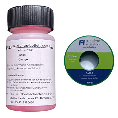 EO-FH Profi-Edelstahl Lötset Nr. 7 -EO Hochleistungs-Lötfett nach LUIZ, 50 g in Pinselflasche mit Kindersicherung, für alle gängigen Metalloberflächen incl. Edelstahl + 100 g Lötzinn Legierung Sn99,9