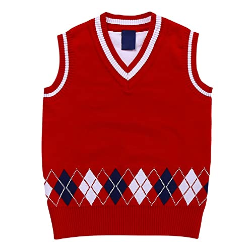 Toddler Boys Girls Sweater Vest Kids Argyle V-Neck Uniform Knit Vest Kids Sleeveless School Uniform Vest Red
