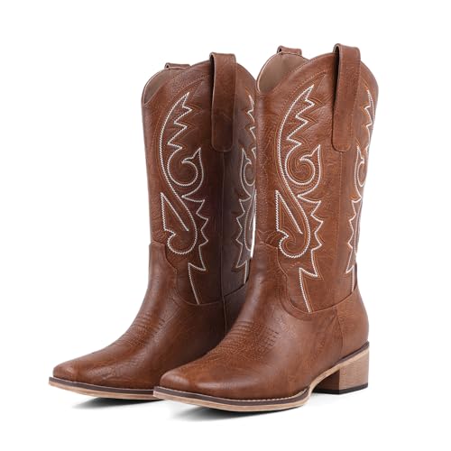 LingxiaUne Cowboy Boots for Women, Intricate White Stitching Wide Calf Boots with Wooden Chunky Heel Design