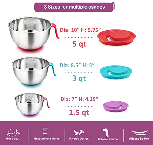 Teamfar Mixing Bowls, 5/3 / 1.5 Qt, Stainless Steel Salad Bowl Metal Mixing Bowls With Lids & 3 Graters, Long Handle & Pour Spout, Healthy & Heavy Duty, Dishwasher Safe #TOP6