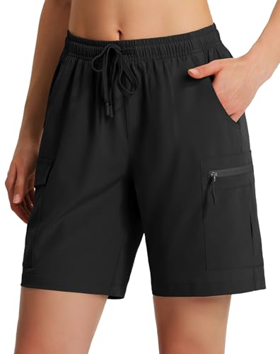 Ksmien Women's 7" Hiking Cargo Shorts Lightweight Quick Dry Ladies Summer Shorts with Zipper Pockets for Travel Golf Black
